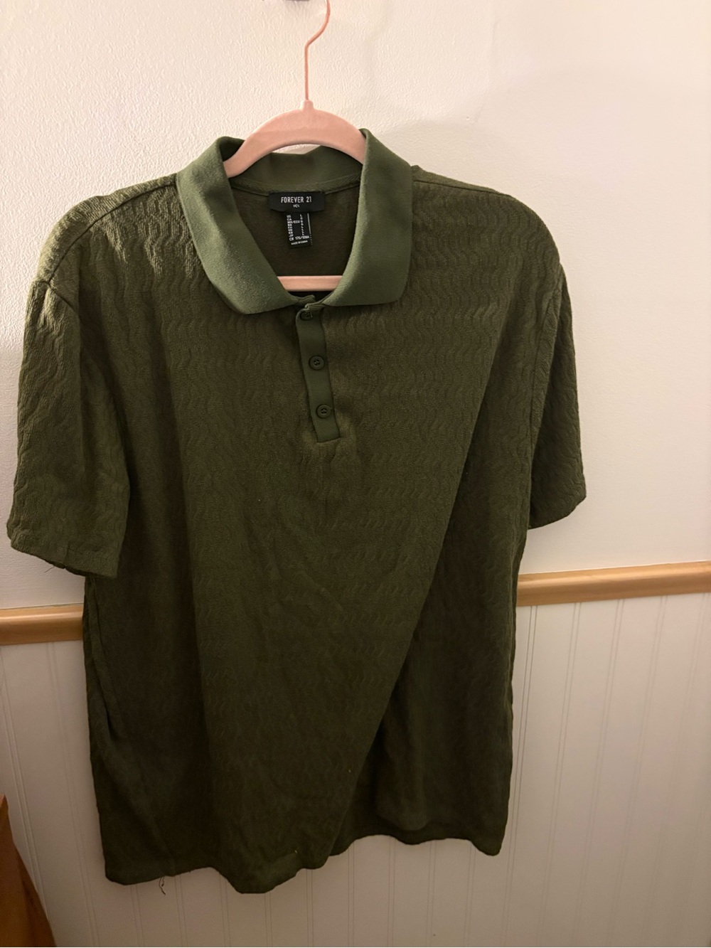 Forever 21 Mens Large Olive Green Textured Knit Short Sleeve Polo Shirt